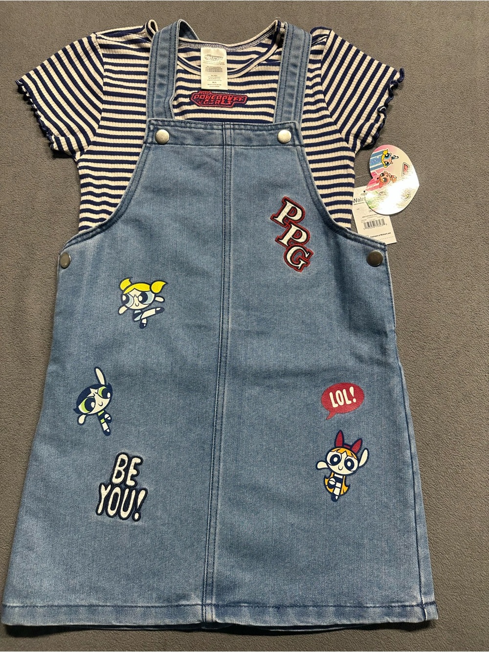 Blue Denim Girls' Overall Dress with Striped Tee — Powerpuff Patch Design